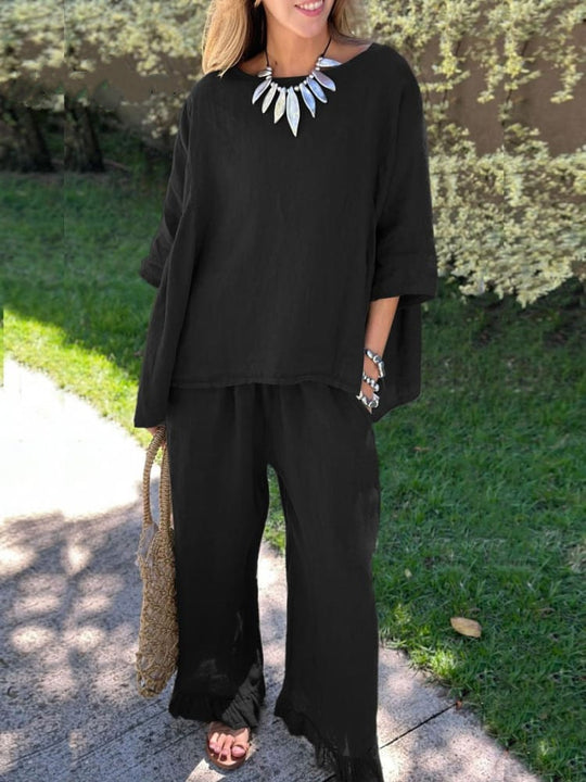Damen lässiges Leinen-Outfit mit weitem Schnitt und angeschnittenen Ärmeln R&B