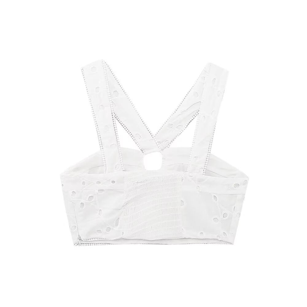 Damen Brokat-Crop-Top mit elegantem Ausschnitt und verzierten Trägern R&B