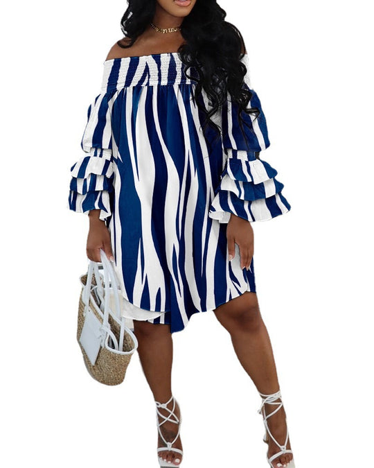 Damen Off-Shoulder Minikleid mit voluminösen Rüschensäumen und beeindruckendem Kettenmuster R&B
