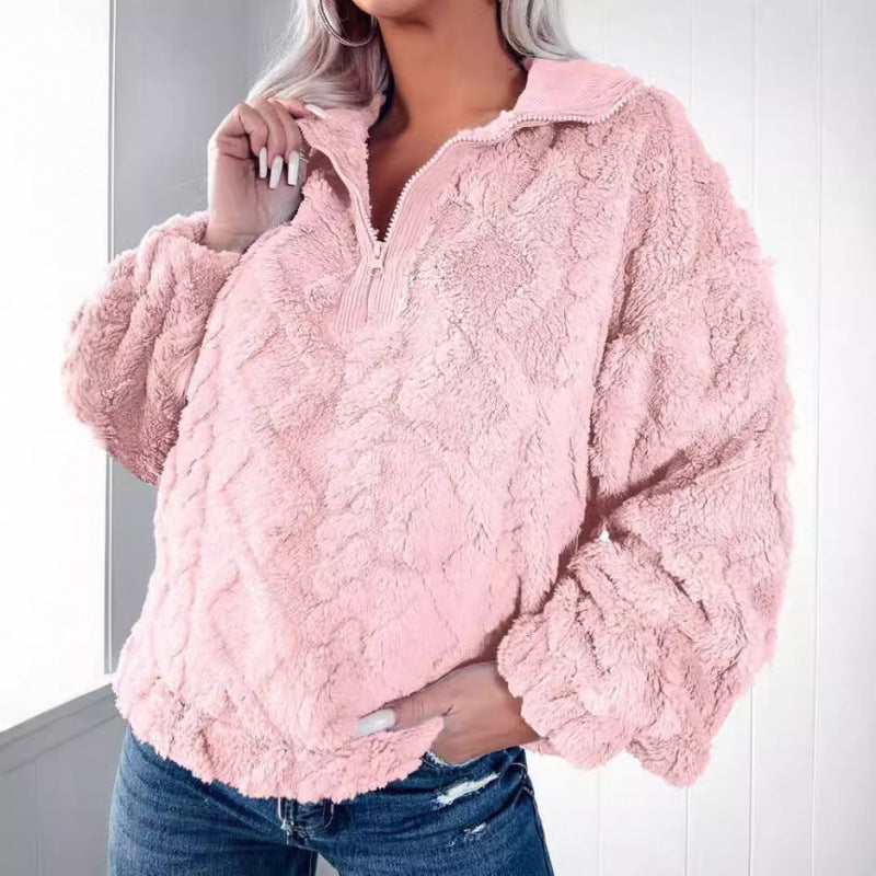 Damen Kuscheliger Fleece-Pullover mit hohem Kragen und Halb-Reißverschluss R&B