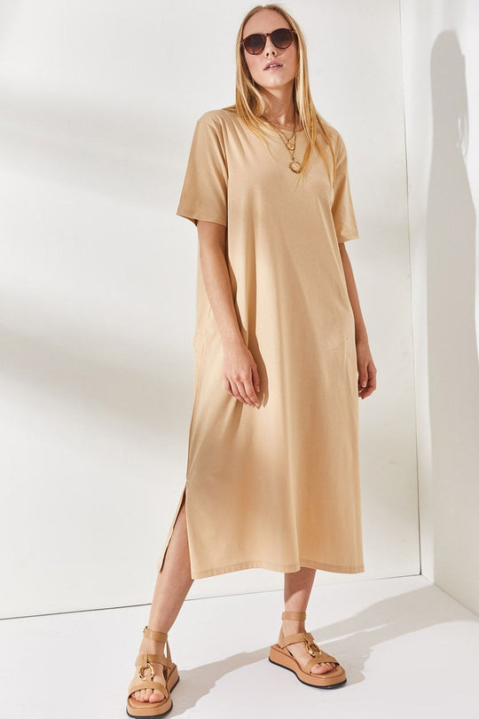 Damen schlichtes langärmliges Kleid mit seitlichen Schlitzen und komfortablem Schnitt R&B