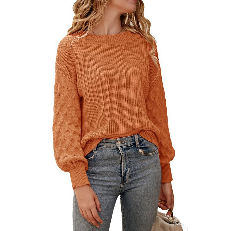 Damen Strickpullover mit strukturierten Puffärmeln und Rundhalsausschnitt R&B