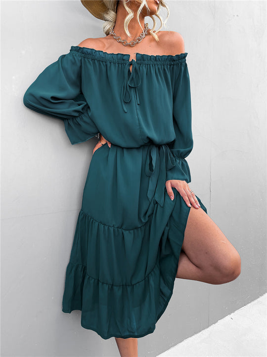 Damen lässiges Off-Shoulder Kleid mit Rüschensaum und Taillengürtel R&B