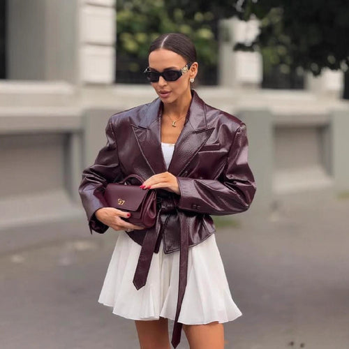 Damen Kunstlederblazer mit taillierbarem Gürtel R&B