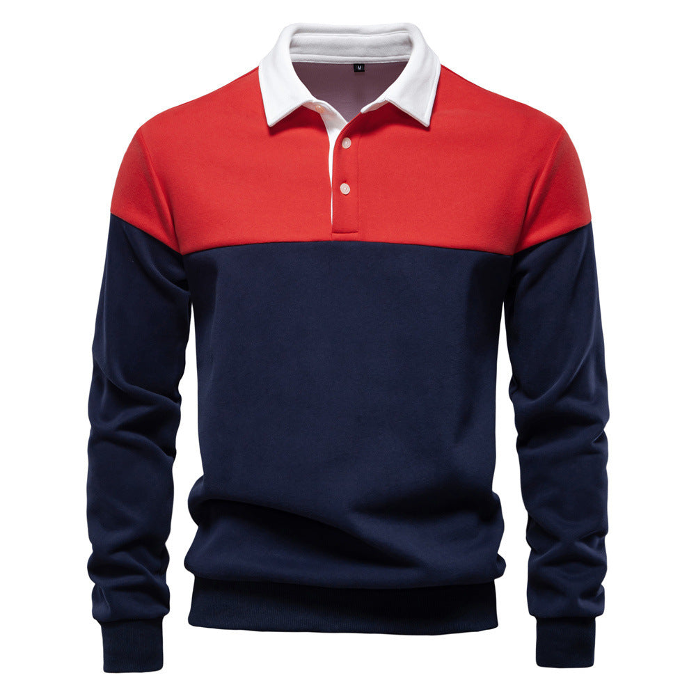 Herren nan sportlich-elegantes Langarm-Polo im Rugby-Stil mit kontrastierendem Kragen und breitem Brustpaneel R&B