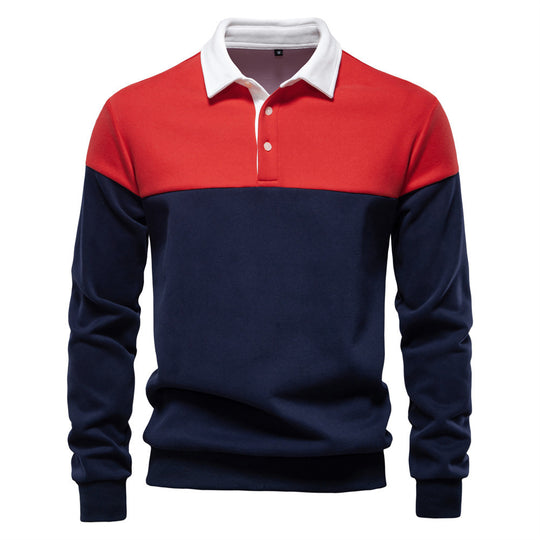 Herren nan sportlich-elegantes Langarm-Polo im Rugby-Stil mit kontrastierendem Kragen und breitem Brustpaneel R&B