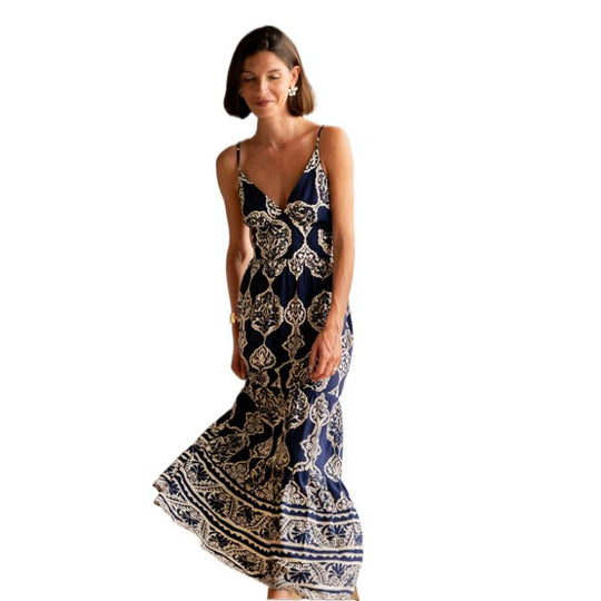 Damen Maxikleid mit tiefem V-Ausschnitt und verspieltem Muster R&B