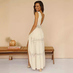Damen elegantes Maxikleid mit Spitzenakzenten und tiefer Rückenpartie EB