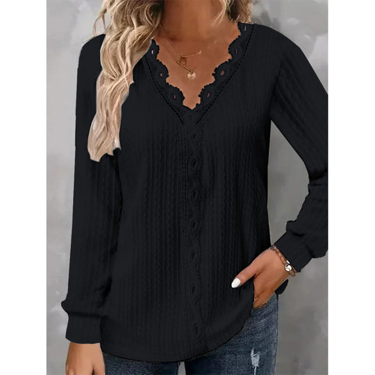 Damen Langarm Bluse mit eleganten Spitzenakzenten und strukturiertem Design R&B