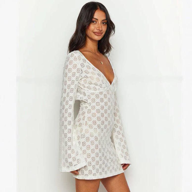 Damen Spitzen-Kleid mit V-Ausschnitt und langen Ärmeln R&B