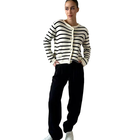 Damen gestreifter Cardigan mit Knopfdetails und vielseitiger Passform R&B