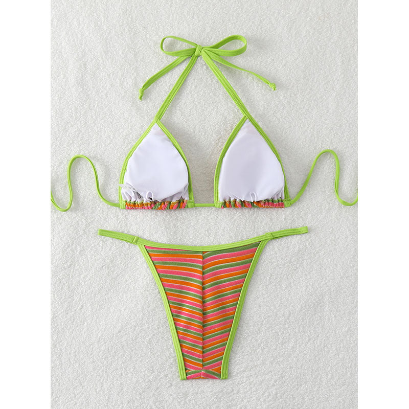 Damen Triangel-Bikini mit verstellbaren Bändern und fröhlichem Streifenmuster R&B
