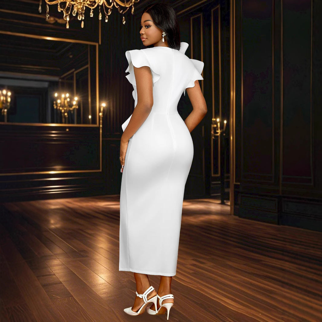 Damen Elegantes Midi-Kleid mit asymmetrischem Rüschen-Design und floralem Akzent R&B