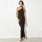 Damen elegantes Maxikleid mit asymmetrischem Ausschnitt und Choker R&B
