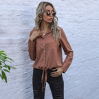 Damen Elegante Bluse mit Krawattenverschluss und Brusttaschen R&B