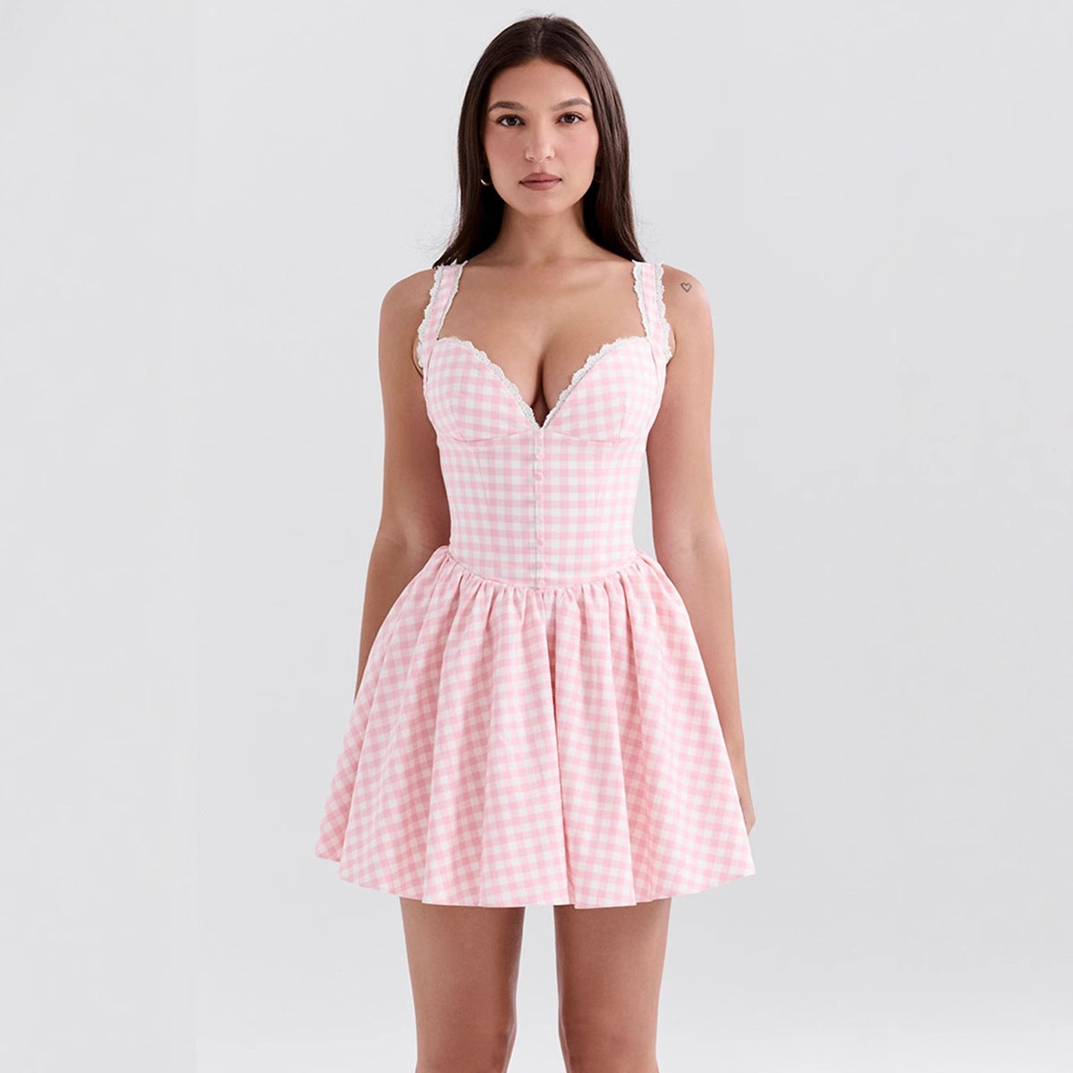 Damen verspieltes Vokuhila Kleid mit Spitzenborte und Karomuster R&B