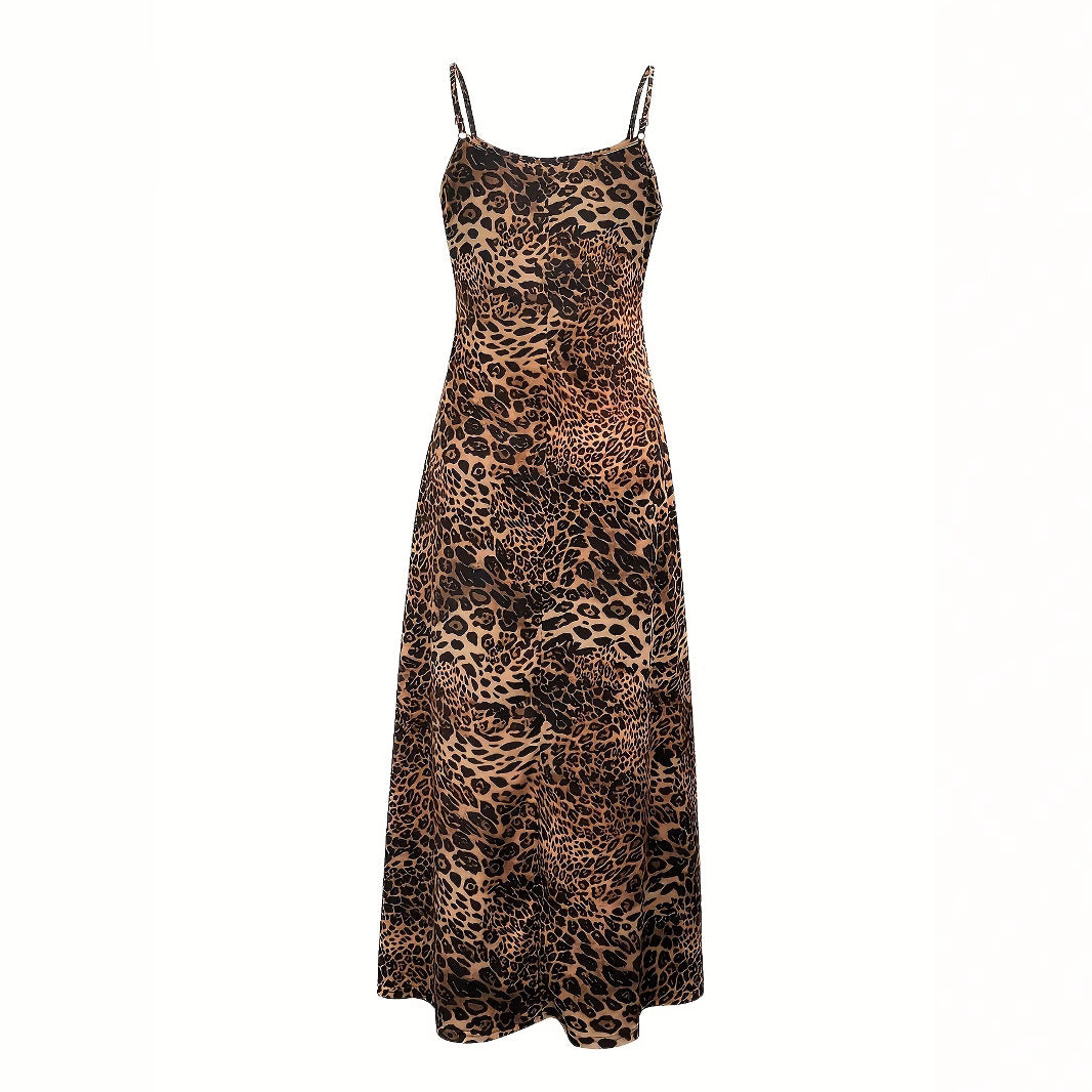 Damen Maxikleid mit Spaghetti-Trägern und asymmetrischem Tiermuster R&B