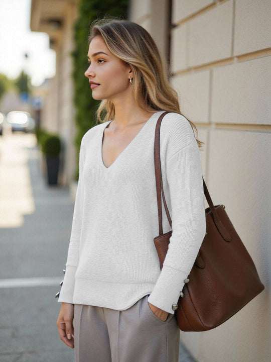 Damen V-Ausschnitt Strickpullover mit dekorativen Knöpfen R&B
