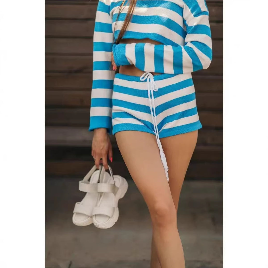 Damen lässiges Strand-Set mit cropped Pullover und kurzen Hosen R&B