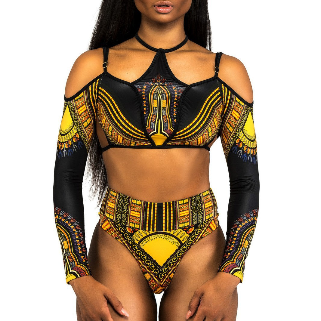 Damen Crop-Top Bikini mit langen Ärmeln und innovativem Muster R&B