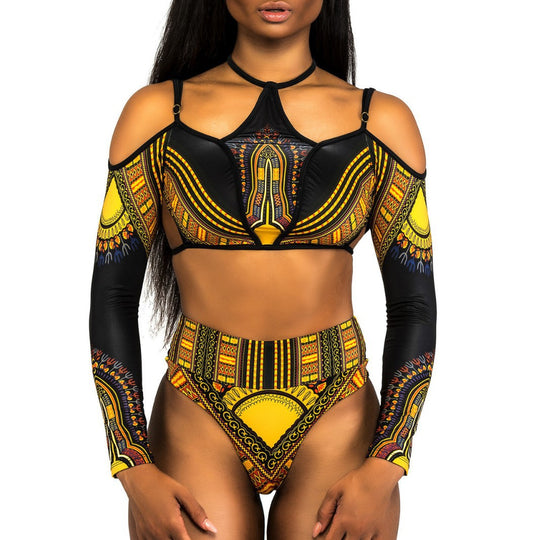 Damen Crop-Top Bikini mit langen Ärmeln und innovativem Muster R&B