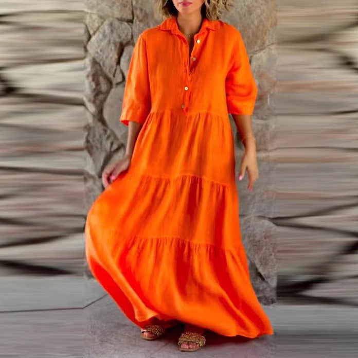Damen nan langes Hemdblusenkleid mit geraffter Taillennaht, dreiviertelärmeln und stufigem Volantrock R&B