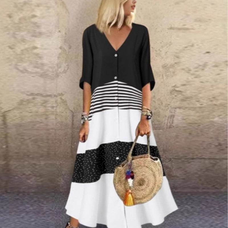 Damen Maxikleid mit Knopfverschluss und dekorativen Mustern R&B