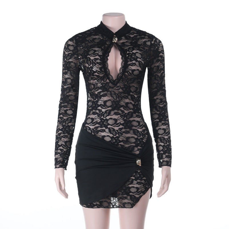 Damen Spitzenkleid mit tiefem V-Ausschnitt und raffiniertem Wickel-Design R&B