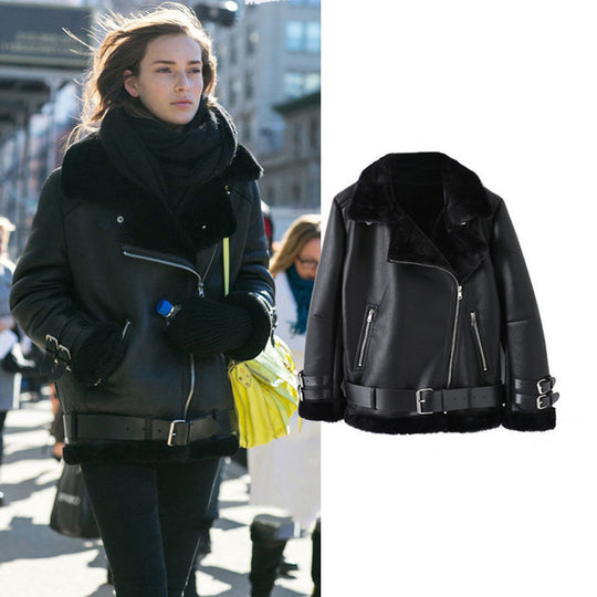 Damen Kunstlederjacke mit abnehmbarem Fellkragen und verstellbarem Gürtel R&B