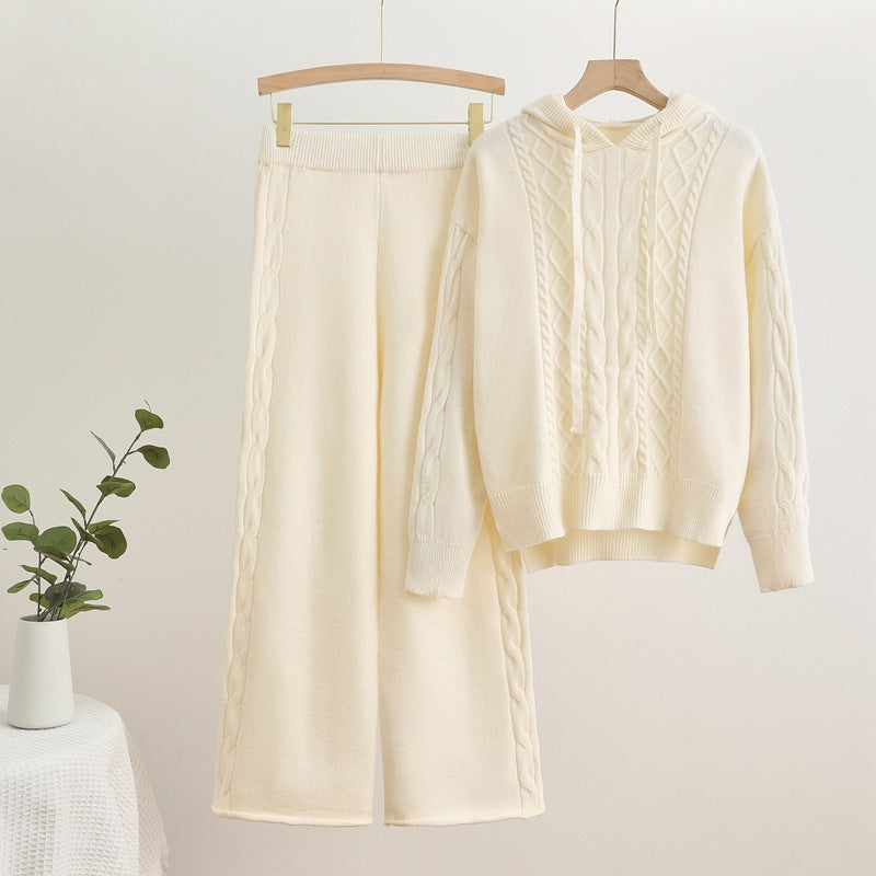 Damen lässiges Strick-Loungewear-Set mit Kapuze und breiten Beinen R&B