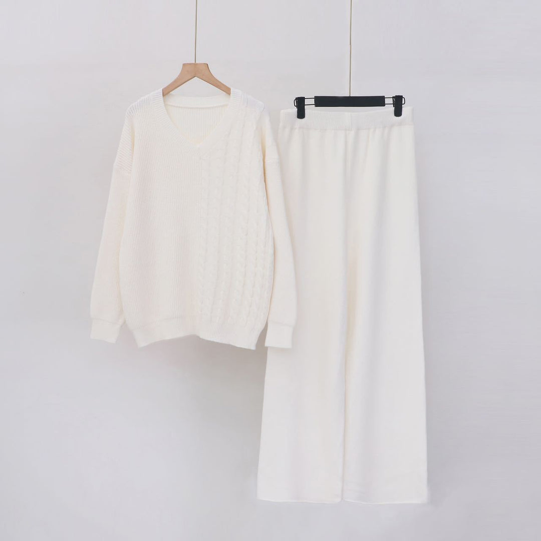 Damen Kuscheliges Strickensemble mit V-Ausschnitt und weitem Bein R&B