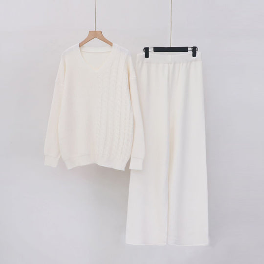 Damen Kuscheliges Strickensemble mit V-Ausschnitt und weitem Bein R&B