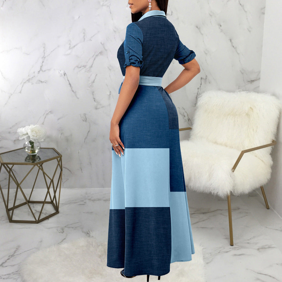 Damen Elegantes Knopfhemd-Maxikleid mit tailliertem Gürtel R&B