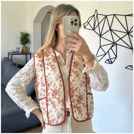 Damen gesteppte Weste mit floralem Muster und praktischen Taschen R&B