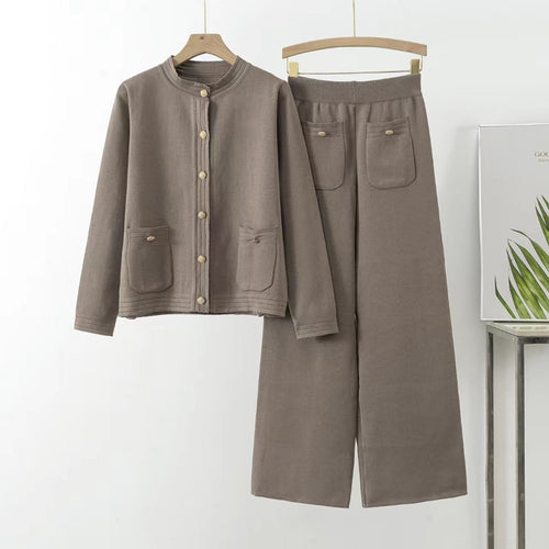 Damen gemütliches Strick-Loungewear-Set mit Knopfdetaillierung und aufgesetzten Taschen R&B