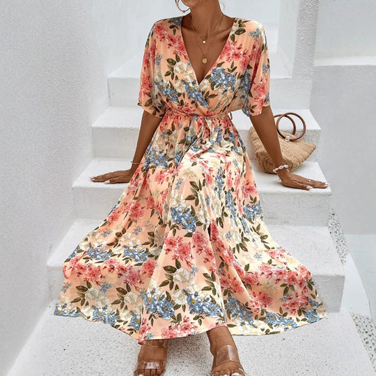 Damen nan florales V-Ausschnitt-Bindekleid mit tailliertem Gürtel und seitlichem Beinschlitz R&B