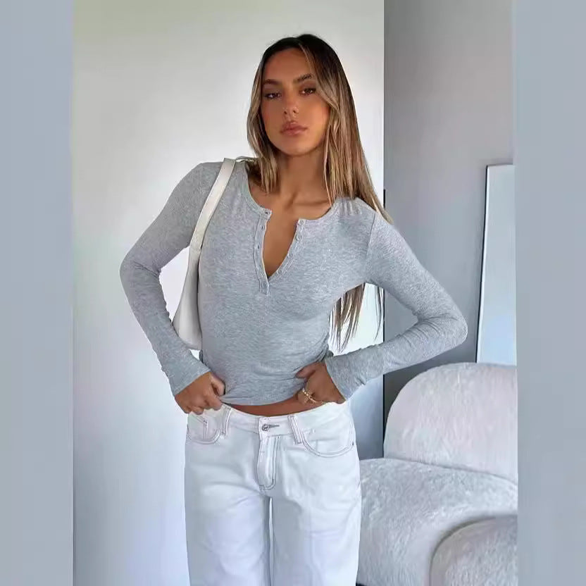 Damen Langarm Crop-Top mit eleganter V-Öffnung und figurbetontem Schnitt R&B
