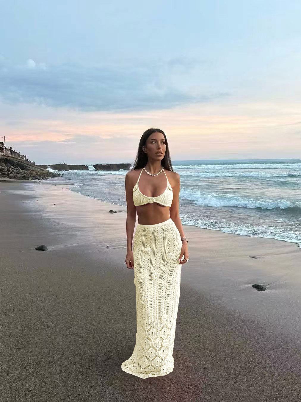 Damen Häkel-Strandkleid mit Kapuzenshirt R&B