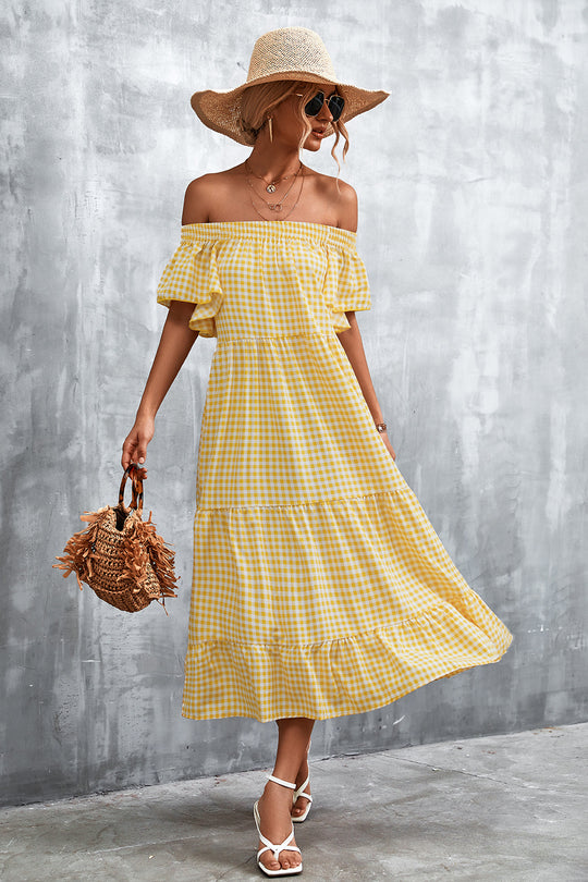 Damen Fließendes Maxikleid mit off-shoulder Design und Rüschensaum R&B