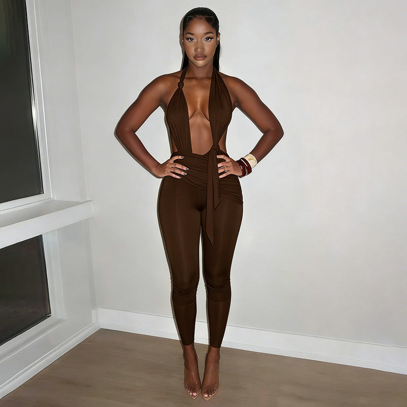 Damen Eleganter Jumpsuit mit tiefem V-Ausschnitt und figurformendem Design R&B