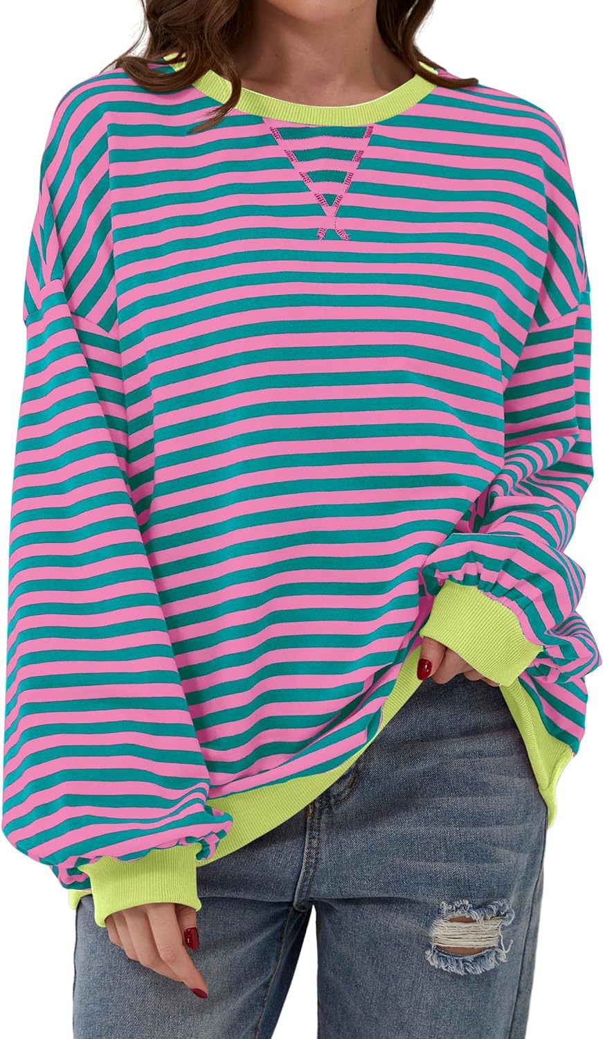 Damen lässiger Oversized Sweatshirt mit bunten Streifen und Kapuzenkordel R&B