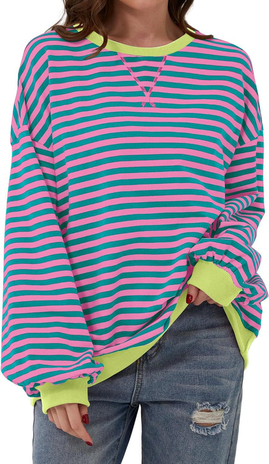 Damen Lässiger Sweatshirt mit bunten Streifen und weitem Schnitt R&B