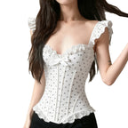 Damen Spitzen-Corsage mit verspieltem Punktdesign und Rüschendetails R&B