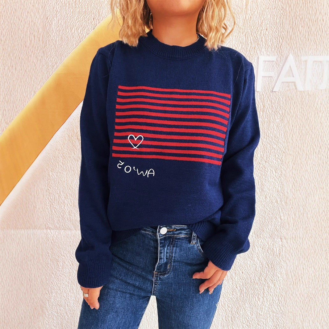 Damen lässiger Pullover mit gestreiftem Design und Herzapplikation R&B