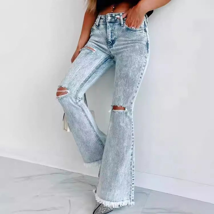 Damen Flared Jeans mit modischen Fransen und Rissen R&B