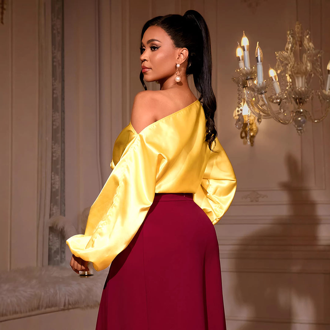 Damen elegantes asymmetrisches Oberteil mit voluminösen Puffärmeln R&B