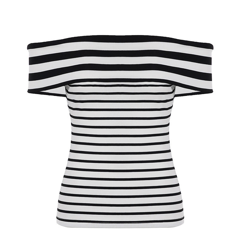 Damen Off-Shoulder Oberteil mit gestreiftem Design und breitem Kragen R&B