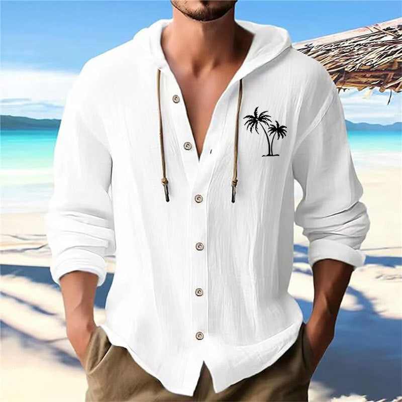 Herren lässiges Kapuzenshirt mit dekorativem Palmendruck und Knopfleiste R&B