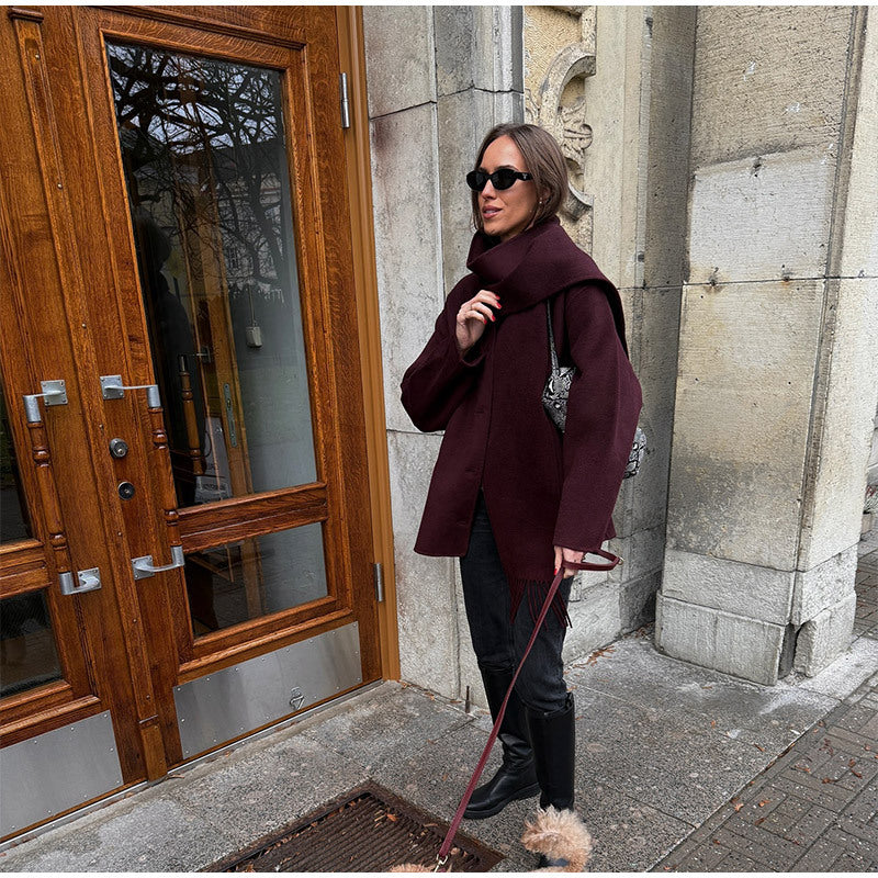 Damen lässige Oversized Jacke mit integriertem Schal R&B