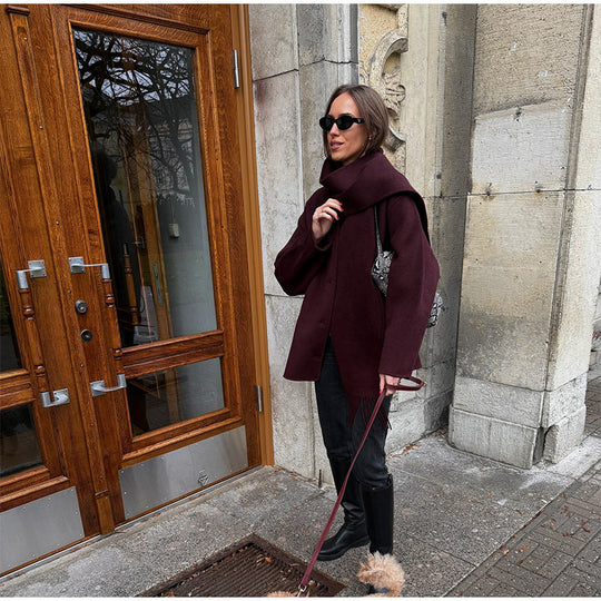 Damen lässige Oversized Jacke mit integriertem Schal R&B